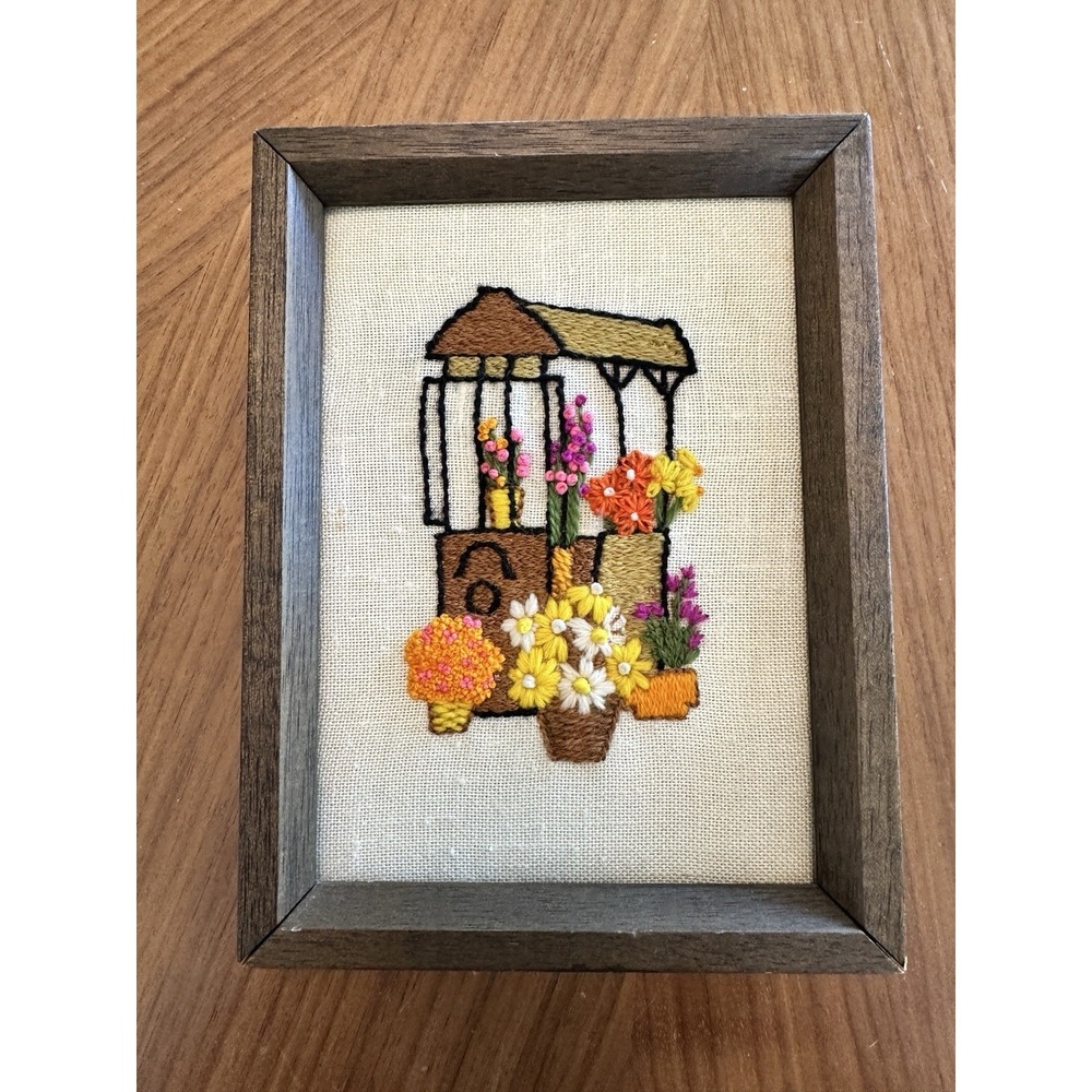 Vtg Small Framed Handmade YARN ART Crewel Needlepoint Retro Flower Cart 1974 - Picture 1 of 8